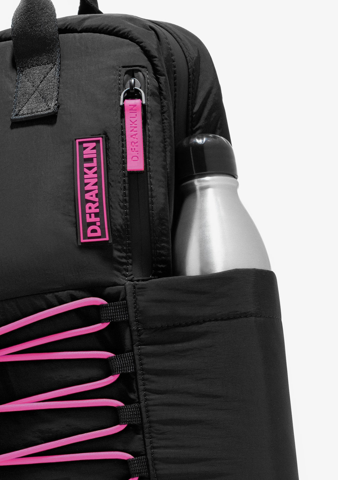 Multi-Pocket Nylon Backpack Black + Custom Set Fuchsia - Image 6